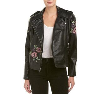 BB Dakota Jacket Moto Biker Faux Pebble Leather Floral Embroidered Black XS